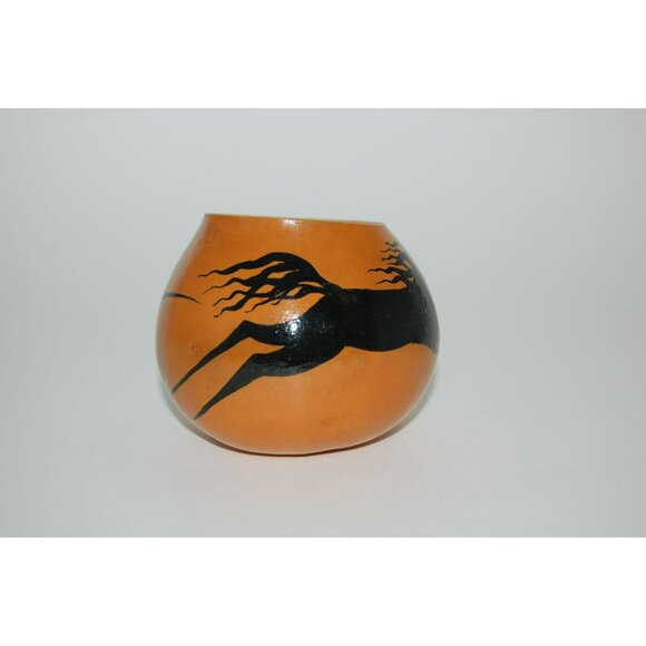 Handpainted Gourd Art Running Sleek Black Stallion Horse Signed BC 92 - Picture 4 of 9